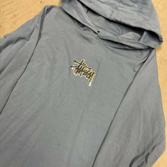 Vintage Stussy Hoodie Pullover Glitter Logo Blue Lightweight Cotton Medium - Picture 3 of 10